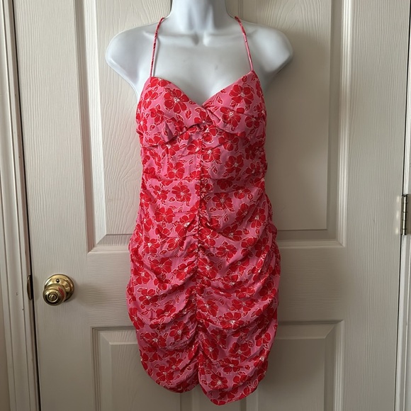Zara Womens Pink Red Floral Ruched Bodycon Mini Dress Sz Med Summer 💕 - Picture 7 of 14